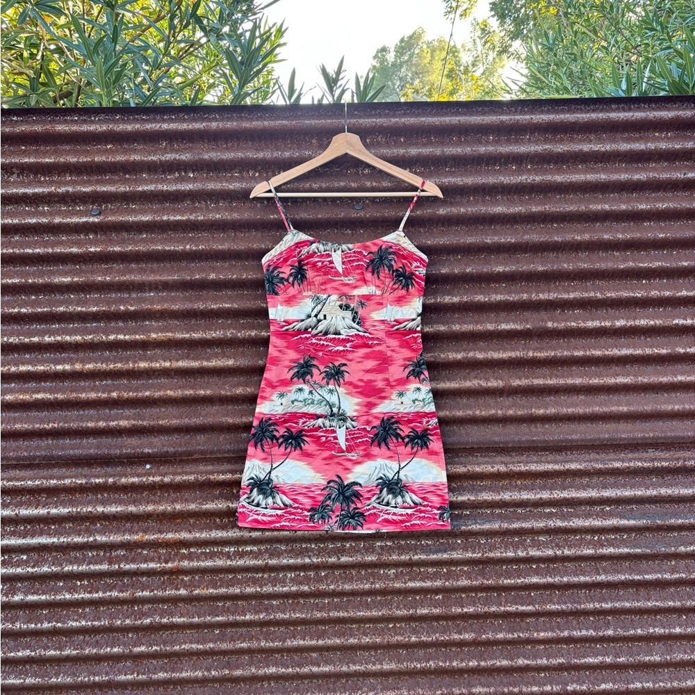 Vintage Tropical Print Red Dress